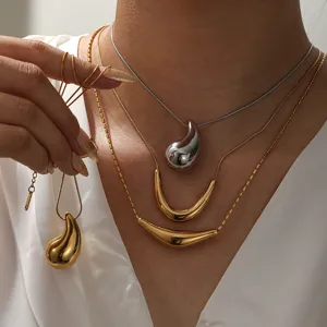 French Vintage Titanium Steel Electroplated Geometric Pendant Necklace Smooth Metal U Tube Teardrop Triangle Pendant Neckwear For Women Daily Jewelry