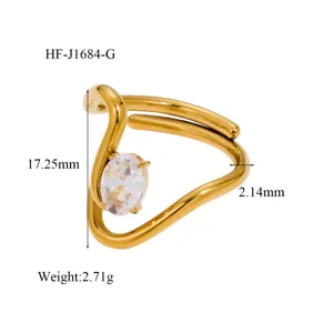 18K gold plated irregular wave open ring with oval cubic zirconia, minimalist modern style.
