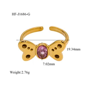 Gold butterfly open ring with pink oval cubic zirconia, adjustable fashion jewelry for women.