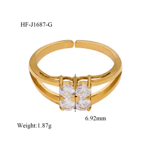 18K Gold Plated Zircon Cluster Open Ring Adjustable Size Fashion Jewelry Detail View