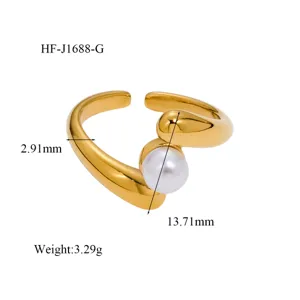 Chic 18K gold plated open ring with white pearl, modern minimalist irregular design.