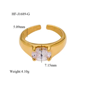 18K gold plated open ring featuring an oval zircon stone with detailed size specifications.
