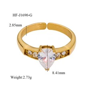 18K Gold Plated Open Ring Pear Cut Cubic Zirconia Adjustable Fashion Jewelry Detail