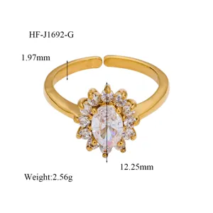 Detailed view of the elegant 18K gold plated zirconia cluster open ring with precise measurements.