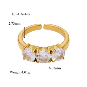 Adjustable 18k gold plated three stone cubic zirconia ring detail view size 4.01g