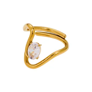 18K gold plated zircon open ring, trendy minimalist geometric design, elegant fashion jewelry for women.