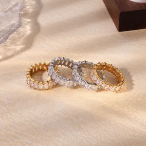 Exquisite stainless steel zircon full eternity rings set, geometric baguette crystal luxury item.