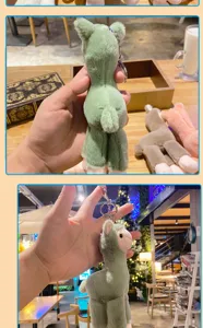 Plush alpaca keychain detail view showing soft green fabric, metal ring, and lovely design.