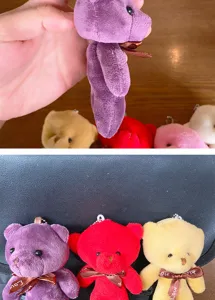 Cute plush bear doll keychain, soft stuffed animal pendant for schoolbag decoration and gifts.