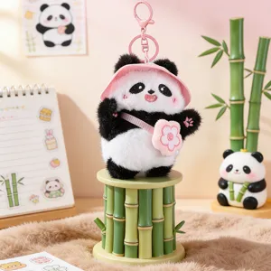 Süßer Plüsch Panda Schlüsselanhänger mit rosa Hut, weiche Stofftier Tasche Anhänger