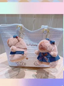 Cute denim capybara plush toy keychain bag pendant fluffy doll decoration soft keyring accessory