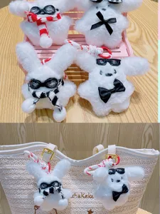 Cute white plush puppy keychain with scarf and glasses, soft fluffy bag pendant gift for friends.