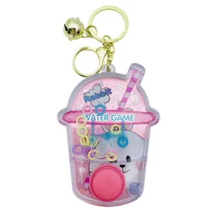 Cute cartoon rabbit water ring toss game keychain, portable plastic stress relief toy.