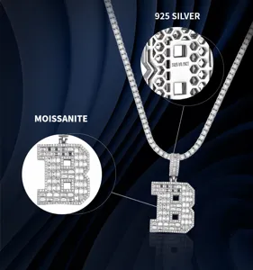 Collier pendentif lettre B en argent 925 avec moissanite style hip-hop étincelant.