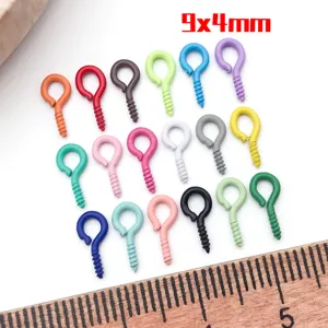 Colorful metal screw eye pins detail shot, candy colors, ideal for DIY jewelry crafting.
