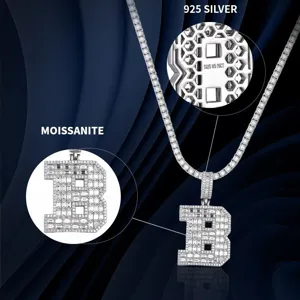 Hip hop 925 argent lettre B moissanite pendentif collier, bijoux de mode de luxe.