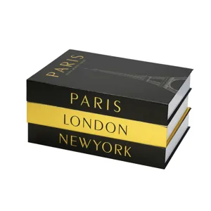 Dekoratives Deko Buch Set mit Paris London New York Motiven und edler Goldprägung für Tisch.