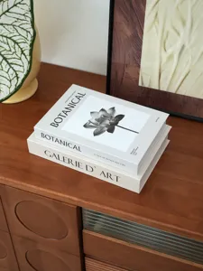 Detailed shot of decorative fake book stack with botanical art print on modern wooden cabinet.