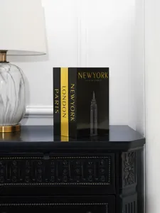 Decorative storage book boxes set with gold foil New York London Paris design for home decor.