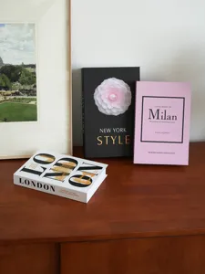 Decorative fake books set detail featuring stylish city themes, modern coffee table decor props.