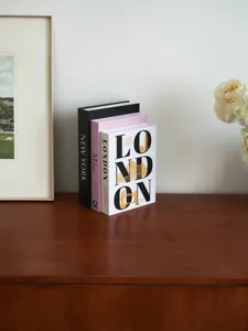 Detailed view of minimalist decorative fake books with city themes, perfect for coffee table decor.