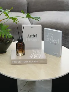 Detailed view of decorative fake books and reed diffuser on a modern coffee table.