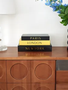 Decorative storage book boxes set of three with city names Paris London New York for desk decor