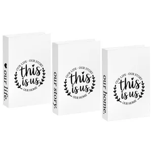 Decorative faux book set, white cover with lovely English typography, chic tabletop display piece.
