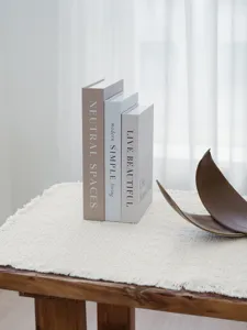 Detail view of decorative faux books set on a coffee table with neutral tones for home shelf decor.