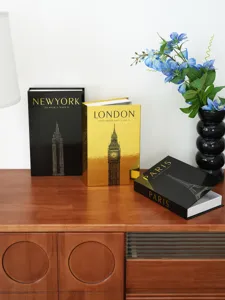 Luxury city decorative storage book box set, openable fake book ornaments for desktop decor.