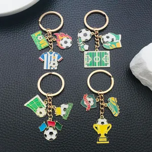 Football theme metal enamel keychain set, creative sports fan souvenir gift hanging pendant.
