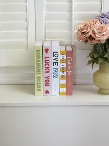 Close-up view of aesthetic decorative fake book set with pastel spines and floral prop.