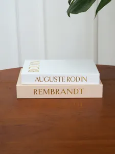 Decorative faux book model with linen texture and gold foil design, perfect for home decor.