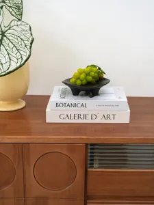Detail shot of decorative fake books with botanical illustrations and minimalist typography.