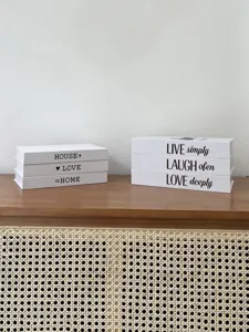 Decorative fake book storage box with English quote spines, rustic home decor desktop display.