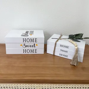 Rustic decorative storage books set with sweet home text, farmhouse home decor items.
