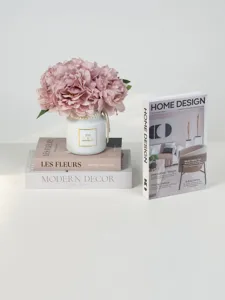 Nordic style decorative book box and faux flower vase set for modern home decor detail view