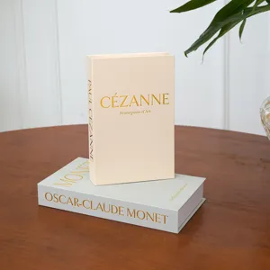 Linen texture decorative book model, minimalist gold foil art book for home decor and display.