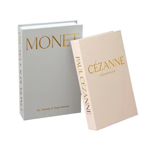Decorative book box set with linen texture and gold foil art print for modern home decor styling.
