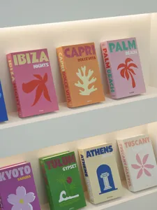 Decorative travel book prop for modern home interior styling and aesthetic bookshelf decor.
