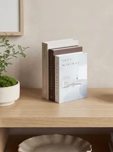 Dettaglio di libri decorativi minimalisti con testo morbido e uno stile elegante.