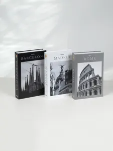 Detail view of minimalist European city decorative faux book boxes for modern home decor.