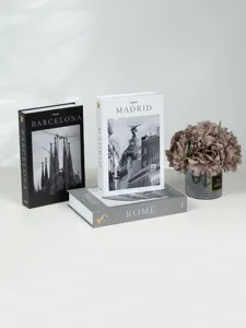 Minimalist European city decorative fake books set, stylish black white storage box model.
