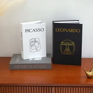 Modern minimalist decorative fake book storage box with art print and linen texture design