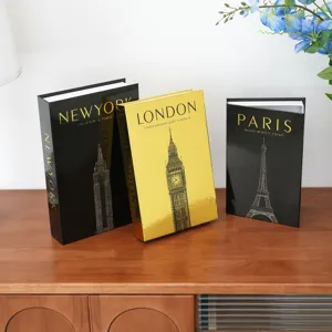Decorative fake book storage box set of 3, modern city theme desktop ornament book boxes.