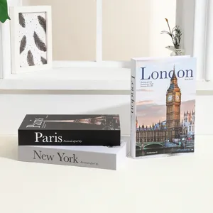 Modern decorative fake book set featuring famous cities like London, Paris and New York.