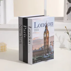 Detail view of decorative city fake books for modern bookcase and coffee table display.