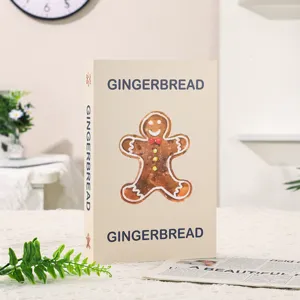 Close-up detail of cream aesthetic gingerbread man fake book decor prop for desktop setup.