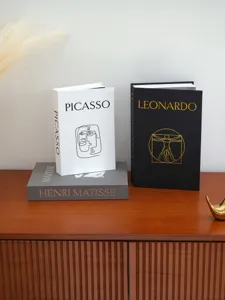 Decorative fake book storage box with art print linen texture for home office desk decor.