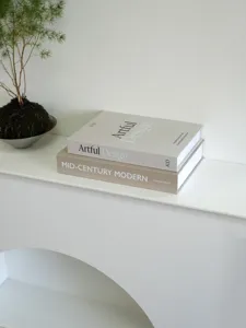 Decorative fake book set for coffee table modern minimalist home decor display book prop detail.